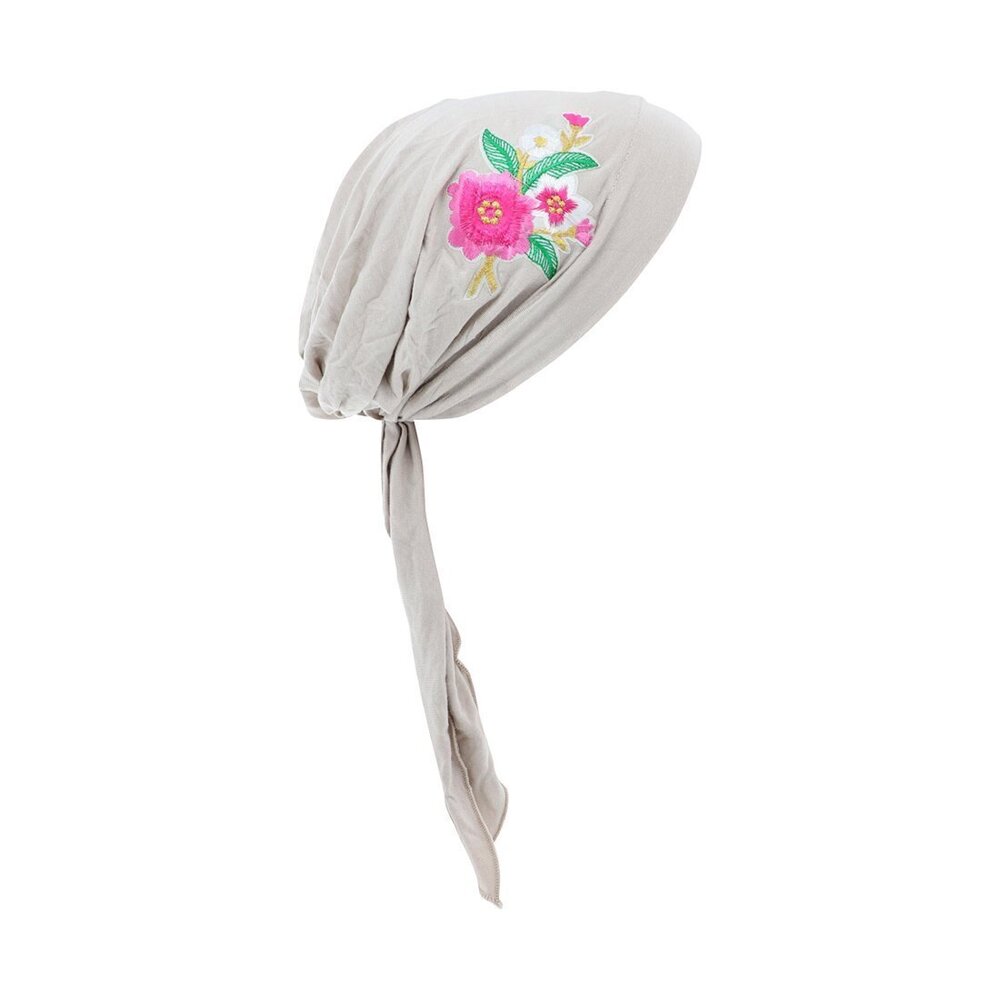 6585 Beige Pretied Headscarf Chemo Cap Modesty with Pink Flower Bouquet